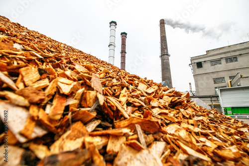 Biomass energy factory. The station uses waste wood biomass as an energy source, and provides electricity and heat. Ecological recycling factory photo