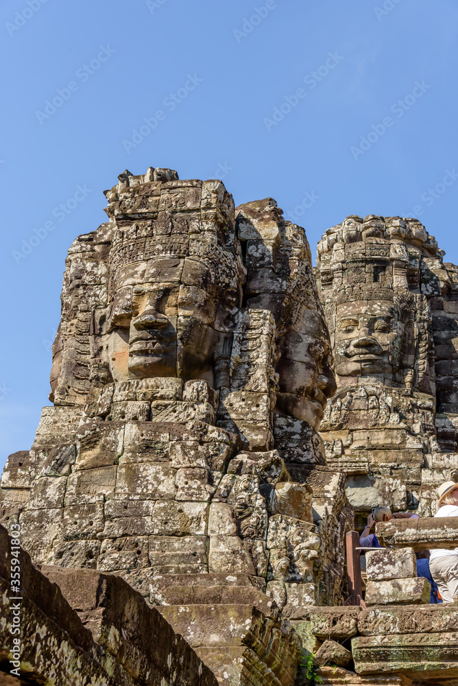 Buddha Faced Tower at the Bayon Temple at the Angkor Wat Complex in Siem Reap Cambodia