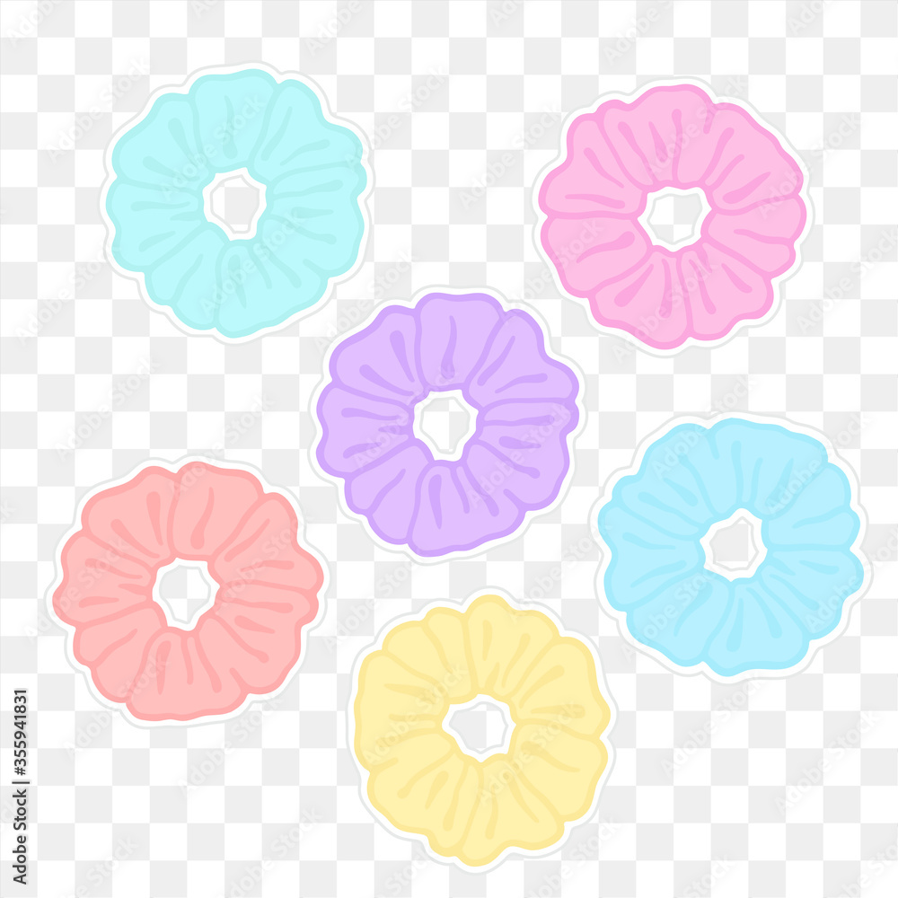 at donere lager Tilbagebetale Hair scrunchies stickers. Pastel rainbow scrunchies. VSCO girls hair  accessories. Vector. Stock Vector | Adobe Stock