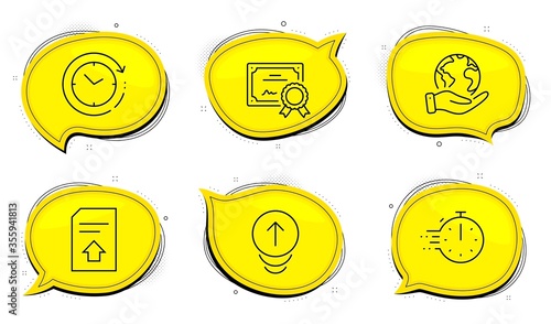 Cooking timer sign. Diploma certificate, save planet chat bubbles. Upload file, Time change and Swipe up line icons set. Load document, Clock, Scrolling page. Stopwatch. Technology set. Vector