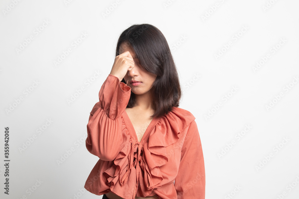 Young Asian woman got sick and headache . Young Asian woman got sick and headache .