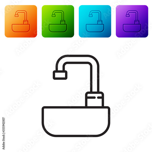 Black line Washbasin with water tap icon isolated on white background. Set icons in color square buttons. Vector Illustration