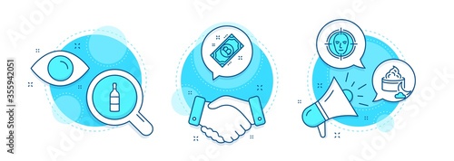 Wine bottle, Bitcoin and Night cream line icons set. Handshake deal, research and promotion complex icons. Face detect sign. Cabernet sauvignon, Cryptocurrency coin, Face lotion. Select target. Vector
