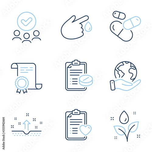 Patient history, Capsule pill and Blood donation line icons set. Diploma certificate, save planet, group of people. Medical prescription, Plants watering and Clean skin signs. Vector