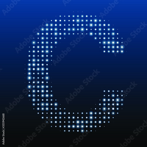 Letter C symbol evenly filled with white dots of various sizes. Vector illustration on blue background