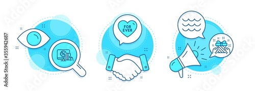 Online shopping, Gift and For ever line icons set. Handshake deal, research and promotion complex icons. Waves sign. Black friday, Present, Love sweetheart. Water wave. Holidays set. Vector