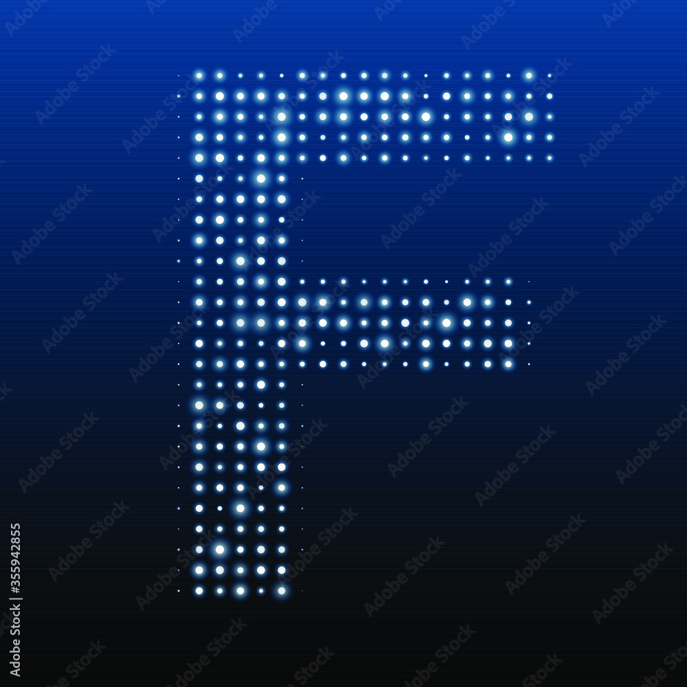 Letter F symbol evenly filled with white dots of various sizes. Vector illustration on blue background Letter F symbol evenly filled with white dots of various sizes. Vector illustration on blue background