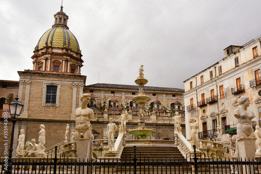Fountain of shame on the baroque Pretoria square in Palermo, Sicily.
