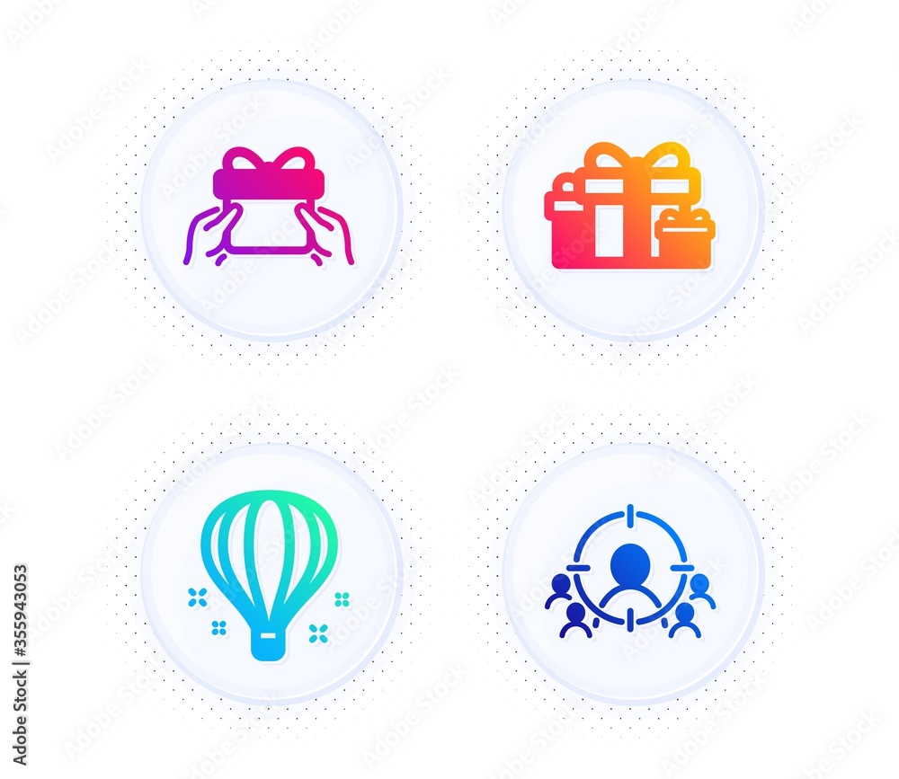 Holiday presents, Give present and Air balloon icons simple set. Button with halftone dots. Business targeting sign. Gift boxes, Receive a gift, Sky travelling. People and target aim. Vector