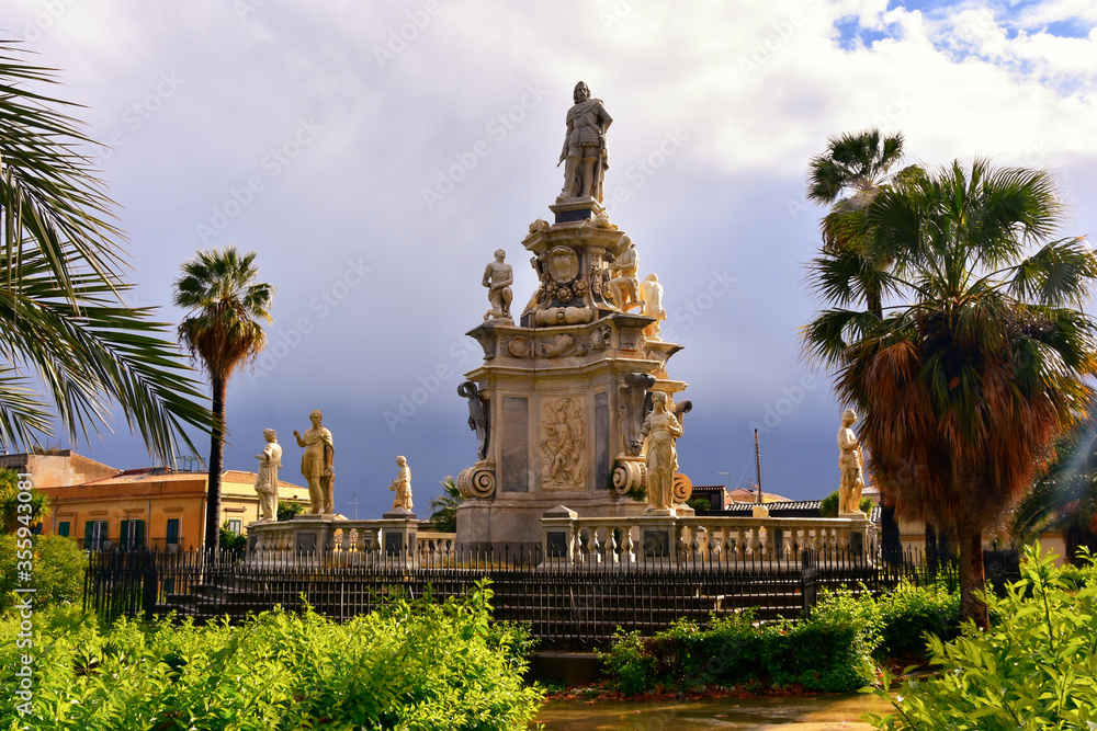 Fototapeta premium Marble monument to the King of Spain and Portugal, Philip IV of Habsburg, Villa Bonnano in Palermo, Sicily