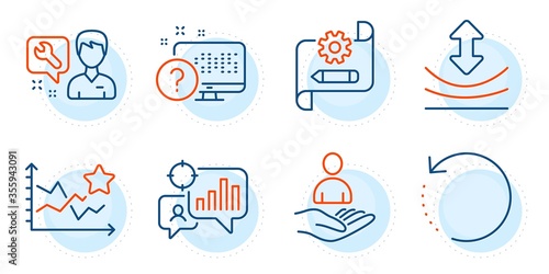 Cogwheel blueprint, Ranking stars and Recruitment signs. Recovery data, Resilience and Repairman line icons set. Seo statistics, Online quiz symbols. Backup info, Elastic. Technology set. Vector