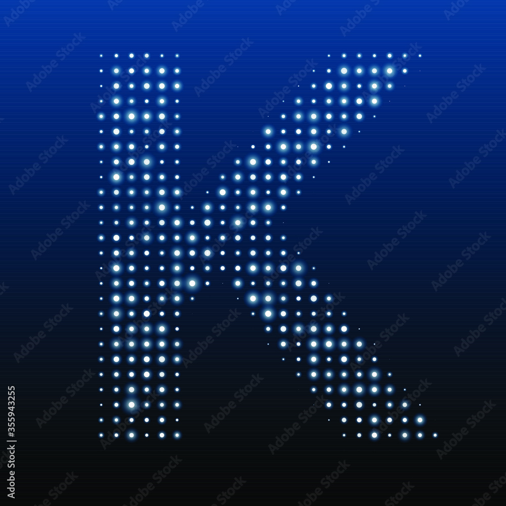 Letter K symbol evenly filled with white dots of various sizes. Vector illustration on blue background
