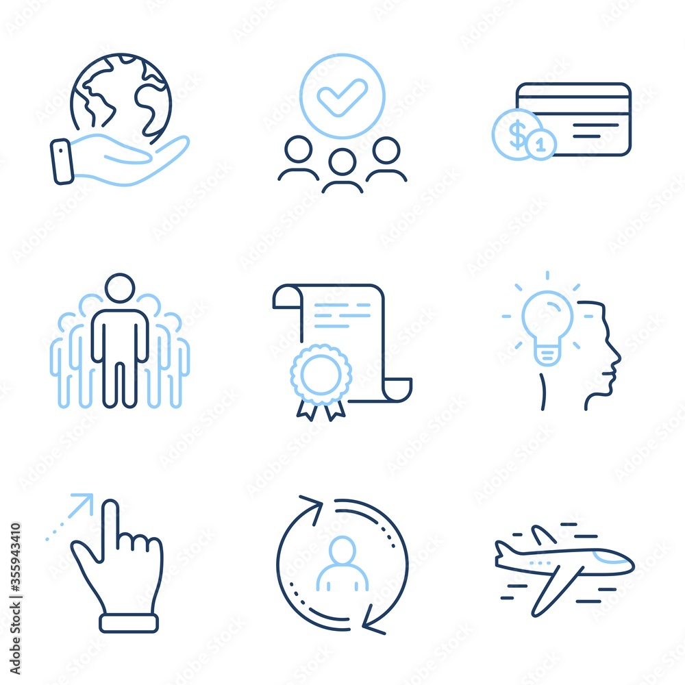 User info, Payment method and Idea line icons set. Diploma certificate, save planet, group of people. Group, Touchscreen gesture and Airplane signs. Vector User info, Payment method and Idea line icons set. Diploma certificate, save planet, group of people. Group, Touchscreen gesture and Airplane signs. Vector