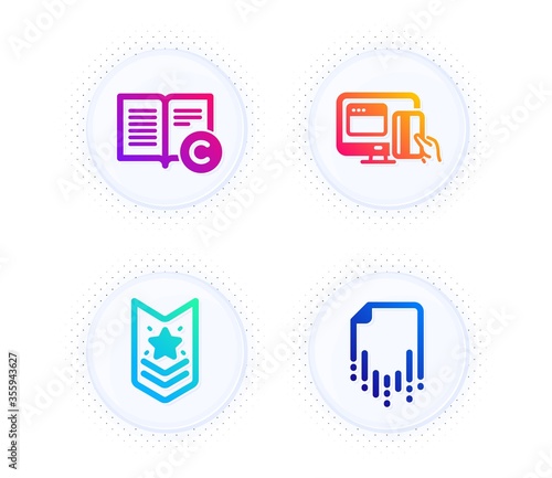 Shoulder strap, Online payment and Copyright icons simple set. Button with halftone dots. Recovery file sign. Star rank, Money, Copywriting book. Backup document. Business set. Vector