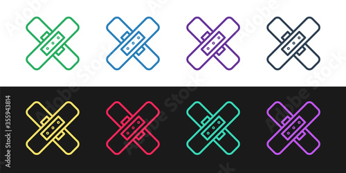 Set line Crossed bandage plaster icon isolated on black and white background. Medical plaster, adhesive bandage, flexible fabric bandage. Vector Illustration