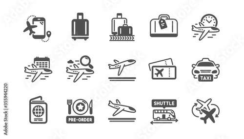 Airport icons set. Baggage claim, Boarding pass, Arrival and Departure. Connecting flight, tickets, pre-order food icons. Passport control, airport baggage carousel, inflight wifi. Quality set. Vector