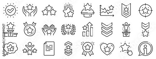 First place, star rating and winner medal. Ranking line icons. Shoulder strap, army achievement and victory ribbon icons. Star ranking, champion and winner trophy. Best level. Vector