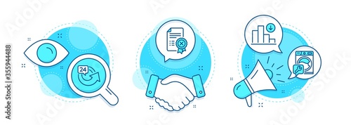 24 hours, Washing machine and Reject certificate line icons set. Handshake deal, research and promotion complex icons. Decreasing graph sign. Repeat, Repair service, Decline file. Crisis chart. Vector