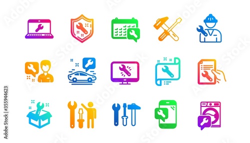 Hammer, Screwdriver and Spanner tool. Repair icons. Washing machine repair classic icon set. Gradient patterns. Quality signs set. Vector