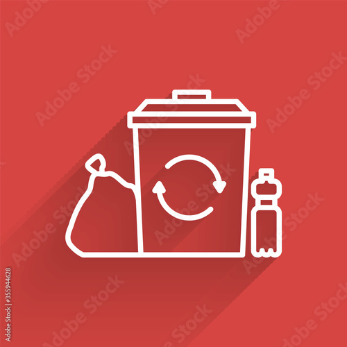White line Recycle bin with recycle symbol icon isolated with long shadow. Trash can icon. Garbage bin sign. Recycle basket. Vector Illustration