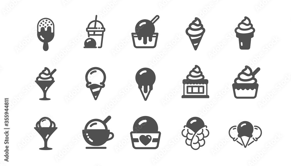 Ice cream icons set. Bubble waffle, Vanilla sundae, frozen yogurt. Sweet dessert food, milkshake with ice cream, sundae icons. Smoothie drink, frozen coffee, sorbet wafer. Quality set. Vector