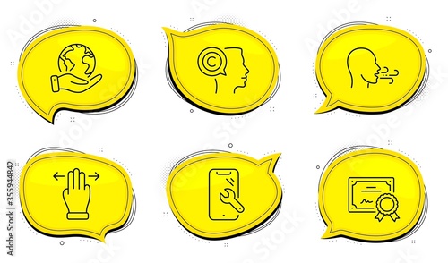 Breathing exercise sign. Diploma certificate, save planet chat bubbles. Writer, Multitasking gesture and Smartphone repair line icons set. Copyrighter, Swipe, Phone recovery. Breath. Vector