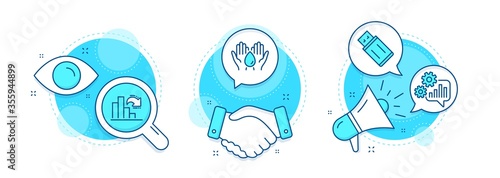 Safe water, Cogwheel and Decreasing graph line icons set. Handshake deal, research and promotion complex icons. Usb flash sign. Hold drop, Engineering tool, Column chart. Memory stick. Vector