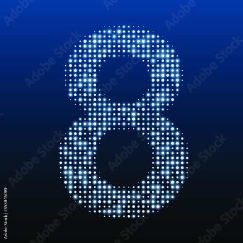 The number 8 is evenly filled with white dots of different sizes. Vector illustration on blue background