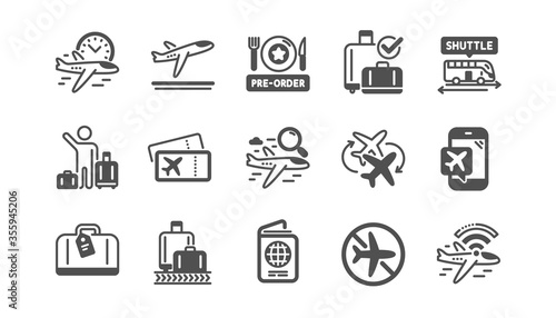 Airport icons set. Boarding pass, Baggage claim, Departure. Connecting flight, tickets, pre-order food icons. Passport control, airport baggage carousel, inflight wifi. Quality set. Vector