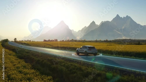 Autopilot smart self drive car ride on sunny highway to denstionation point. Technological future animations.