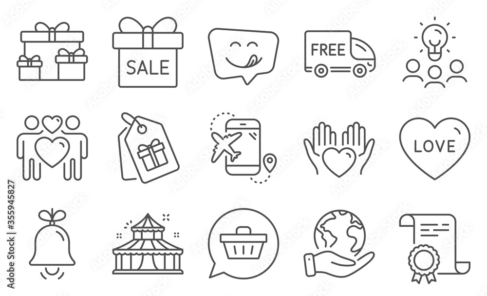 Set of Holidays icons, such as Bell, Coupons. Diploma, ideas, save planet. Love, Surprise boxes, Free delivery. Hold heart, Shopping cart, Circus. Love couple, Flight destination, Sale offer. Vector