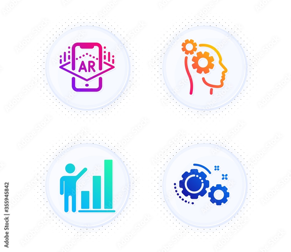 Thoughts, Augmented reality and Graph chart icons simple set. Button with halftone dots. Gears sign. Business work, Phone simulation, Growth report. Work process. Science set. Vector Thoughts, Augmented reality and Graph chart icons simple set. Button with halftone dots. Gears sign. Business work, Phone simulation, Growth report. Work process. Science set. Vector