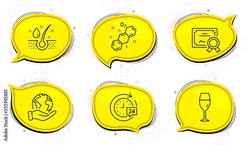Wineglass sign. Diploma certificate, save planet chat bubbles. 24h delivery, Serum oil and Chemical formula line icons set. Stopwatch, Healthy hairs, Chemistry. Burgundy glass. Business set. Vector