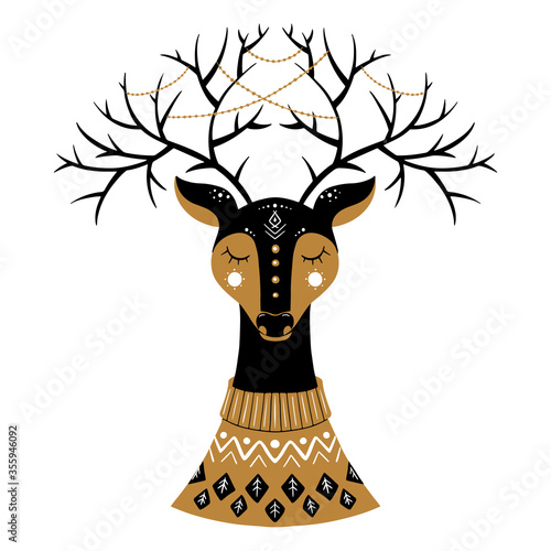 Cute reindeer with large horns and Christmas illustration