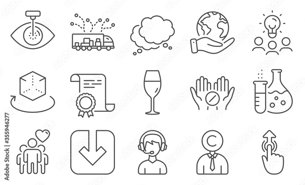 Set of Business icons, such as Eye laser, Load document. Diploma, ideas, save planet. Speech bubble, Wineglass, Swipe up. Augmented reality, Consultant, Medical tablet. Vector