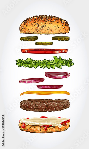 Hand drawn vector illustration of flying burger ingredients.