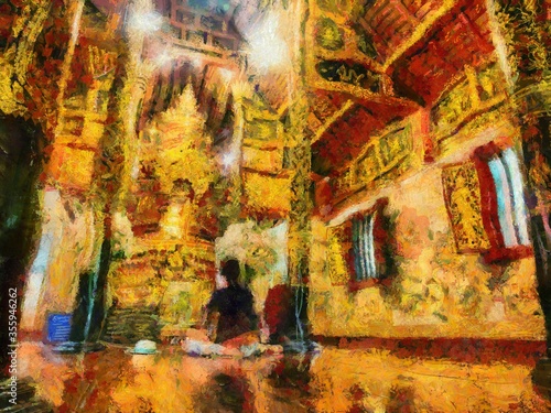 Ancient buddha Illustrations creates an impressionist style of painting.