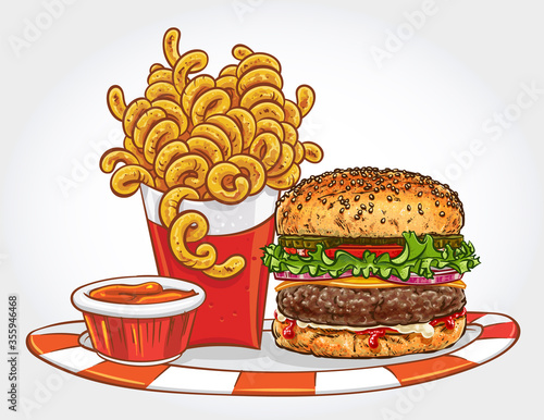 Hand drawn vector illustration of a burger with curly fries and ketchup on a plate.