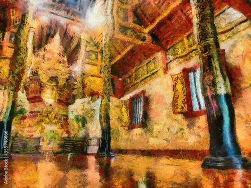 Ancient buddha Illustrations creates an impressionist style of painting. © Kittipong