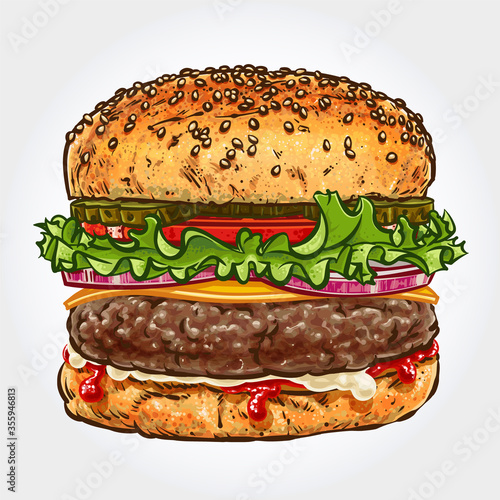 Hand drawn vector illustration of a hamburger or cheeseburger, isolated on white background.