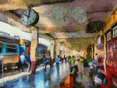The clock at the train station Illustrations creates an impressionist style of painting. © Kittipong