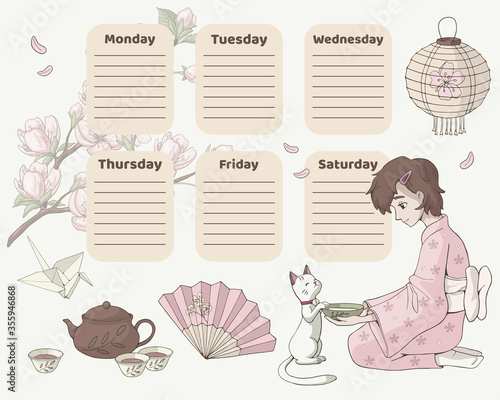 Timetable for school. Weekly planner template with a cute cartoon girl wearing yukata and sakura. Illustration of Japan Hanami Festival.
