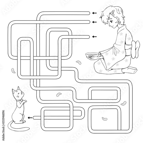 Labyrinth. Maze game for kids. Help cute anime girl wearing yukata feed Maneki Neko. Find path to cat. Japan Hanami Festival. White and black vector illustration for coloring book.