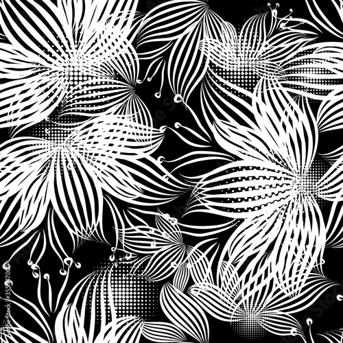 The seamless background is monochrome flowers from the lines. Vector illustration
