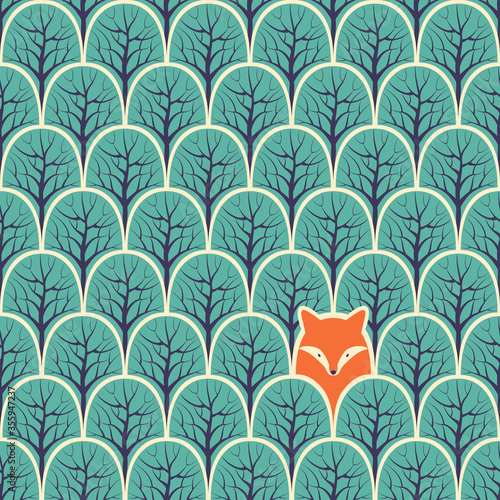 Fox in a forest seamless pattern. Vector design background.