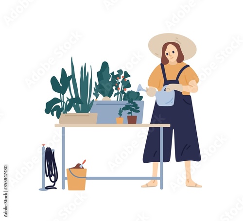 Happy female in hat enjoying home gardening hobby vector flat illustration. F...