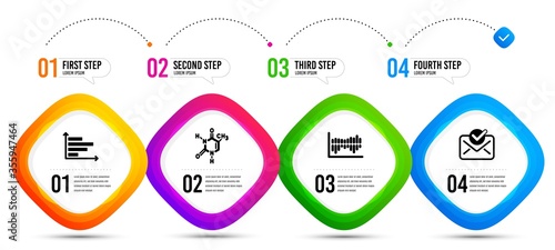 Column diagram, Chemical formula and Approved mail icons simple set. Timeline infographic. Horizontal chart sign. Sale statistics, Chemistry, Confirmed document. Presentation graph. Vector