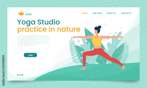 The girl practices yoga in the open air. Landing page template. The concept of outdoor yoga.Yoga classes in nature. Flat style. Girl in the pose of a warrior. Banner with a female cartoon character.