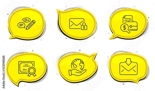 Keywords sign. Diploma certificate, save planet chat bubbles. Secure mail, Incoming mail and Accounting report line icons set. Private e-mail, Download message, Financial case. Pencil with key. Vector