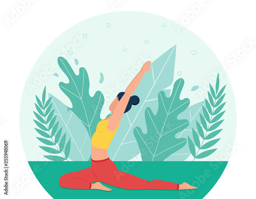 A girl does yoga in the Park. The concept of yoga outdoors. The practice of yoga in nature. Flat style. A healthy life style. A female cartoon character on a background of leaves and grass.